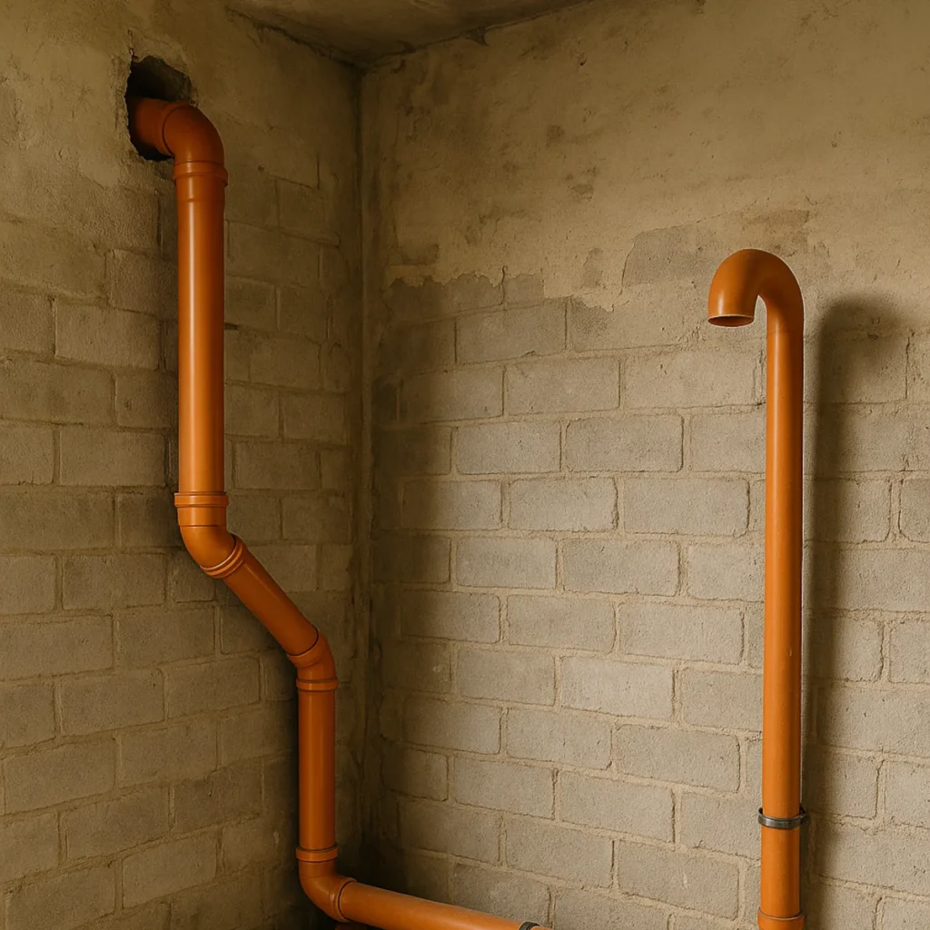 Rury kanalizacyjne w piwnicy zbyt mocno załamane i bez rewizji pod stropem