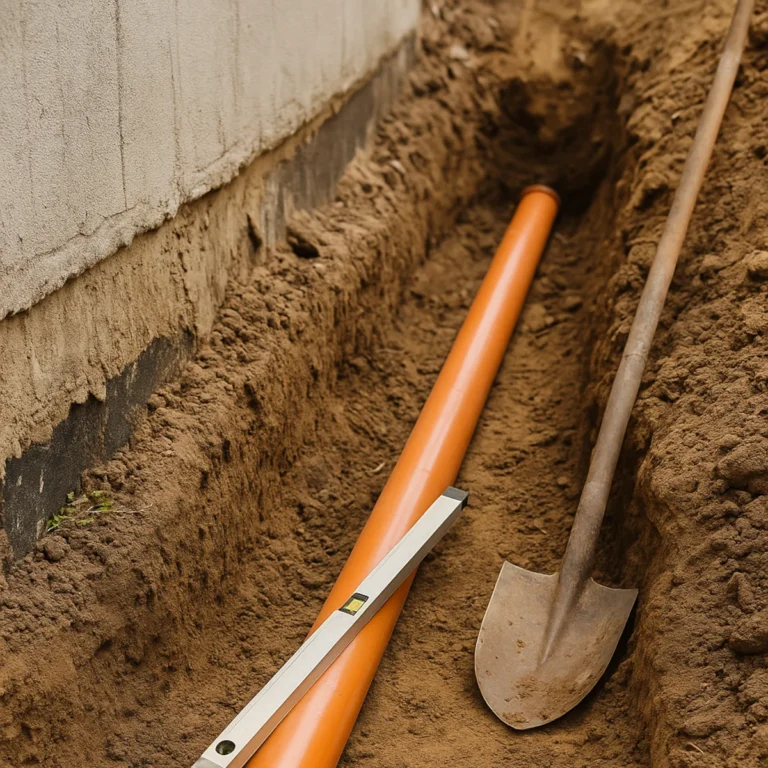 Wykop z pomarańczową rurą kanalizacyjną ułożoną pod złym spadkiem przy fundamencie domu
