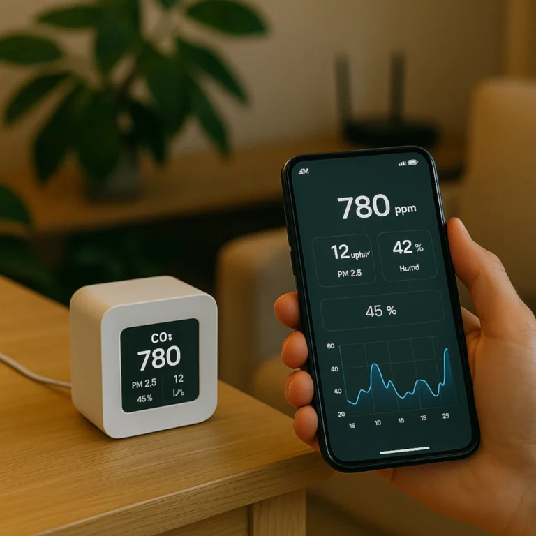 czujnik jakości powietrza z aplikacją na biurku w home office, smartfon z alertem CO₂