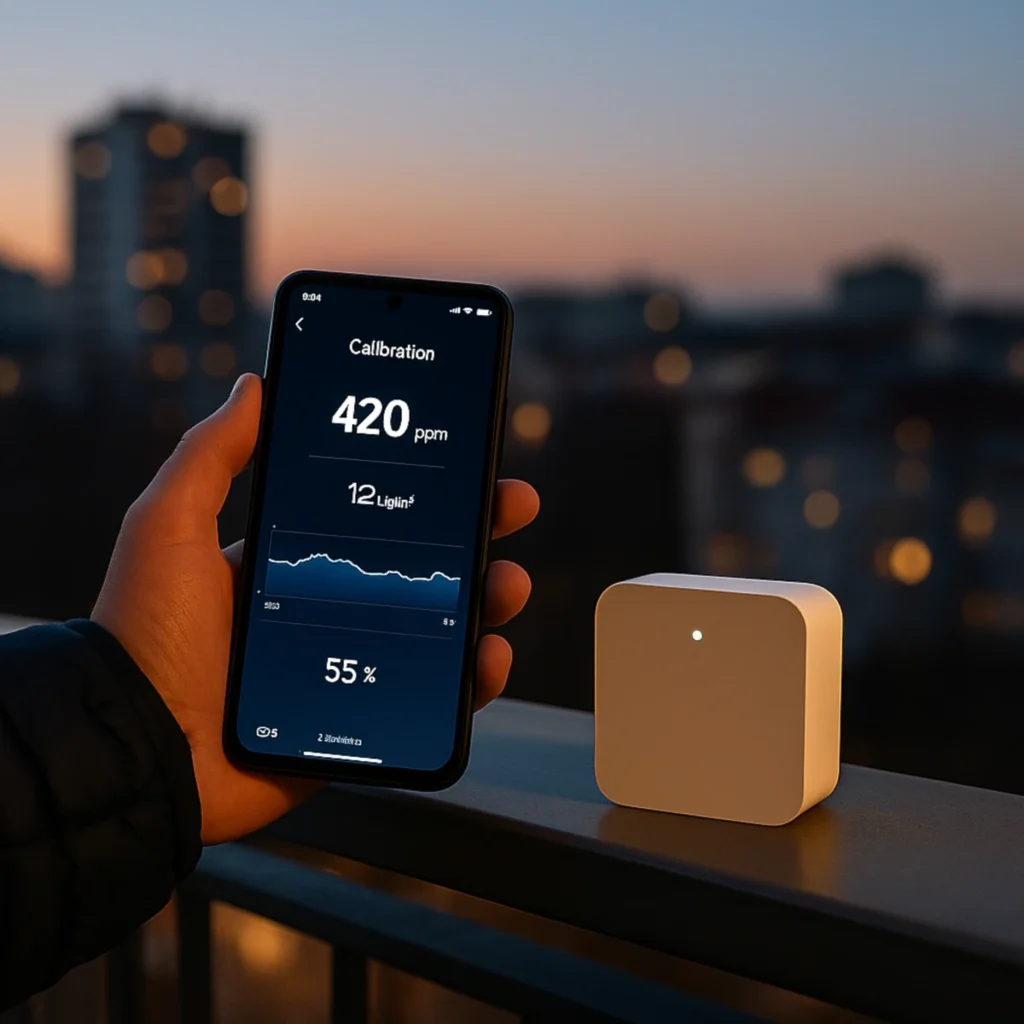 czujnik jakości powietrza z aplikacją kalibrowany na balkonie, 420 ppm CO₂ o zmierzchu