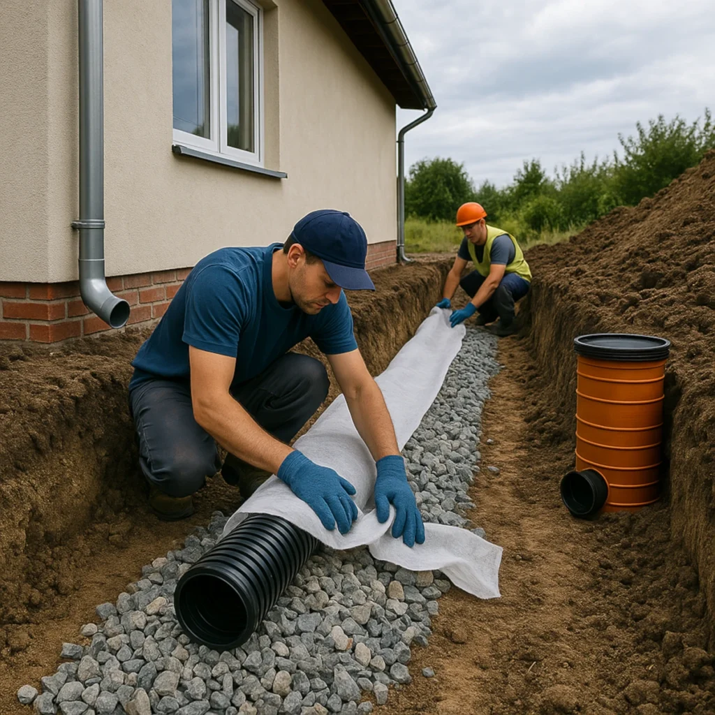 Drenaż opaskowy przy fundamentach – układanie geowłókniny i rury w wykopie przy domu jednorodzinnym