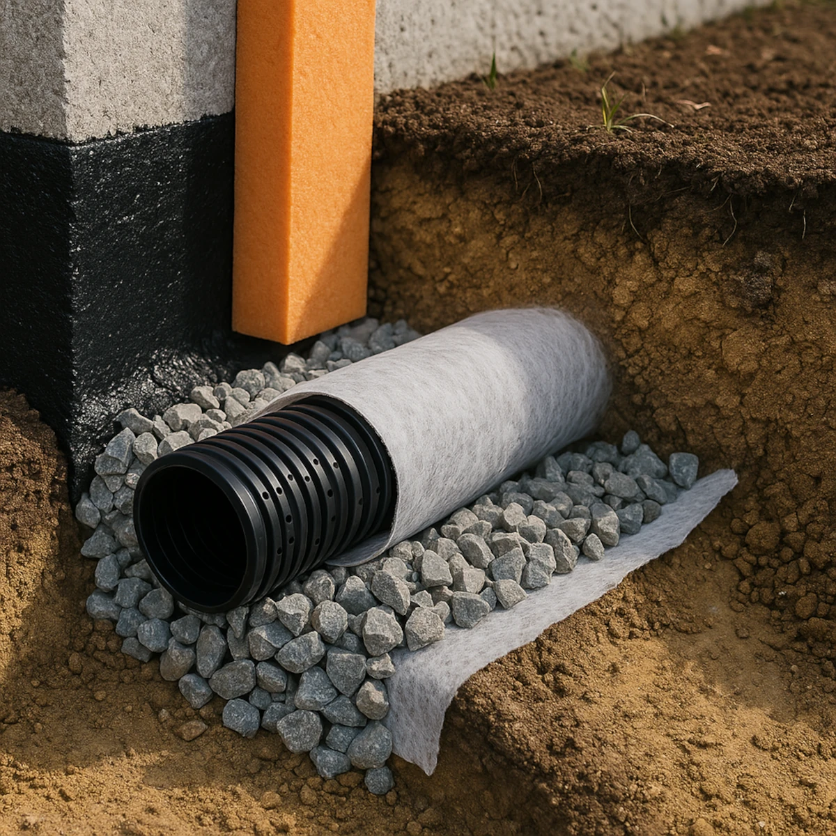 Drenaż opaskowy przy fundamentach – rura perforowana w otulinie z geowłókniny na żwirze przy ścianie z hydroizolacją