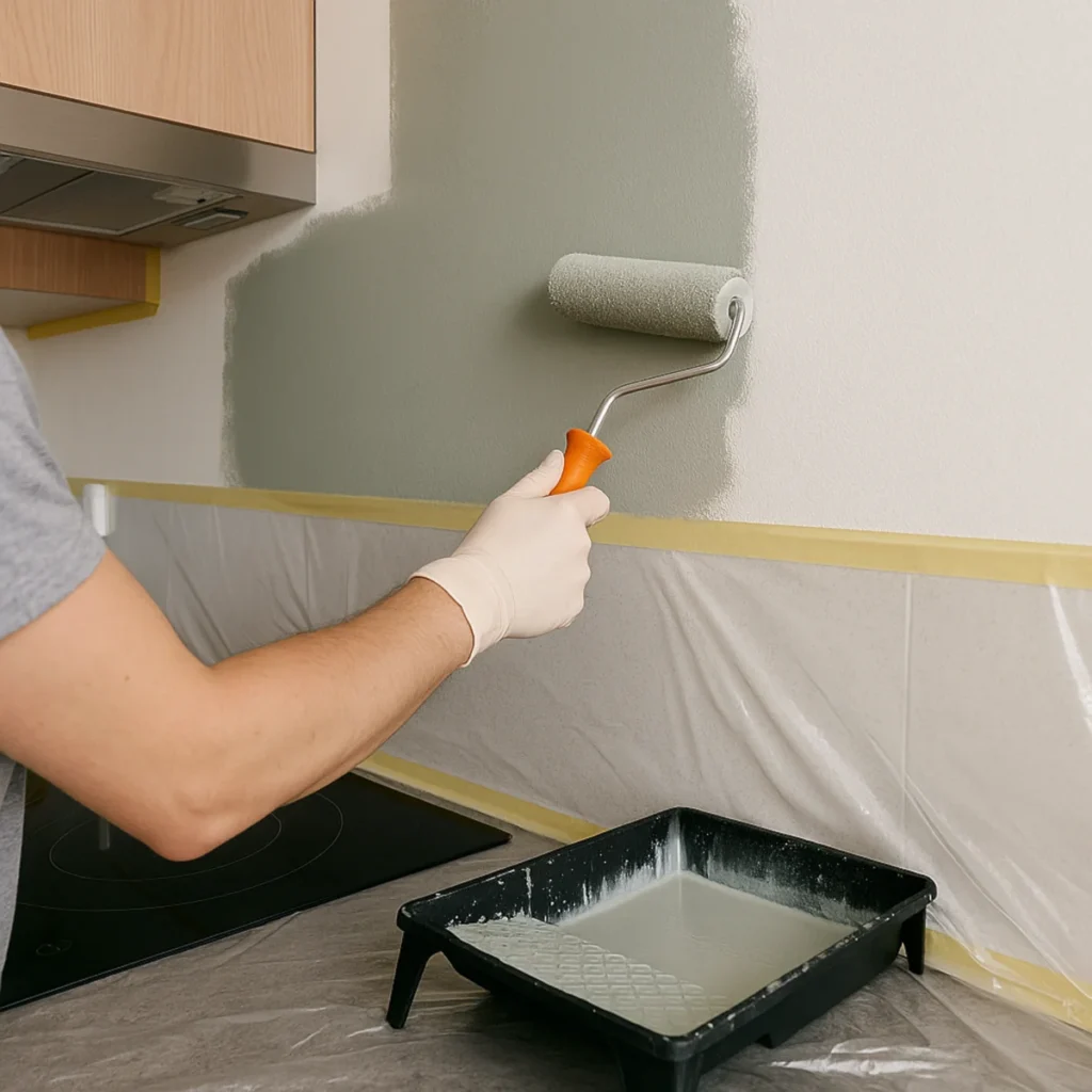 farba zmywalna do ścian w kuchni, malowanie wałkiem nad blatem, zabezpieczenia taśmą i folią