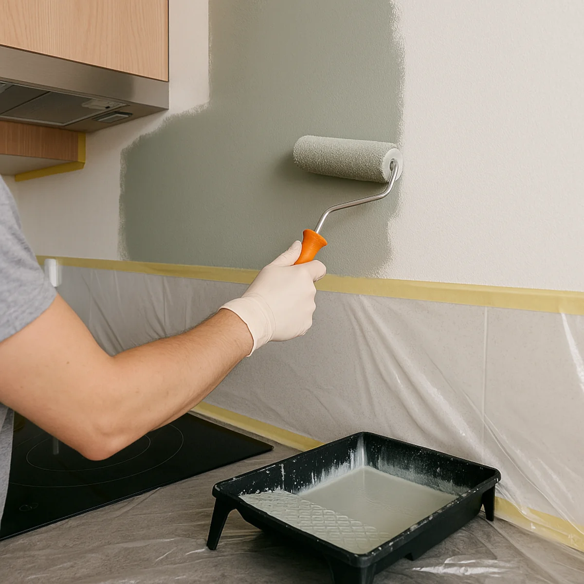 farba zmywalna do ścian w kuchni, malowanie wałkiem nad blatem, zabezpieczenia taśmą i folią