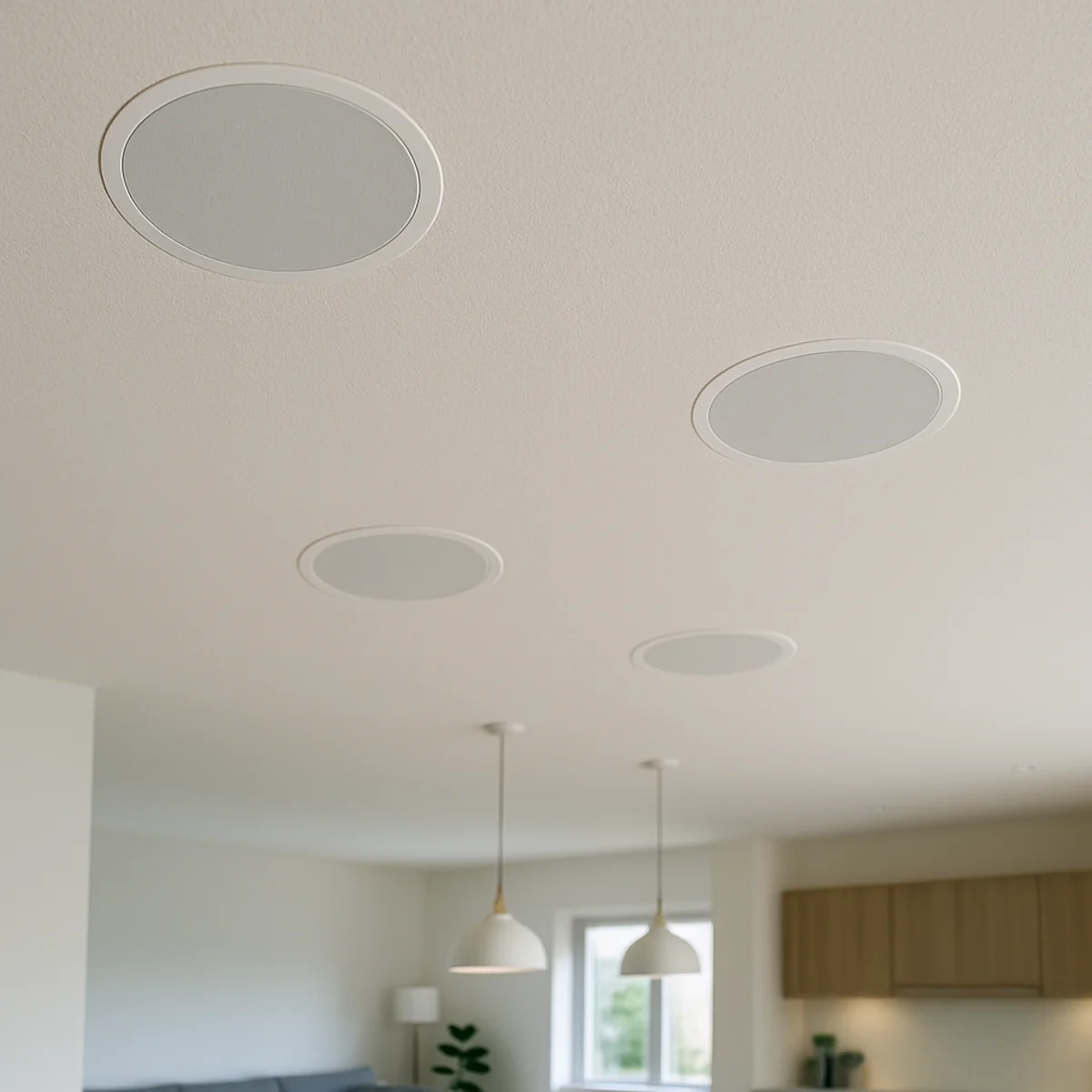 Głośniki sufitowe do multiroom – cztery maskownice równomiernie rozmieszczone na suficie w salonie z kuchnią.