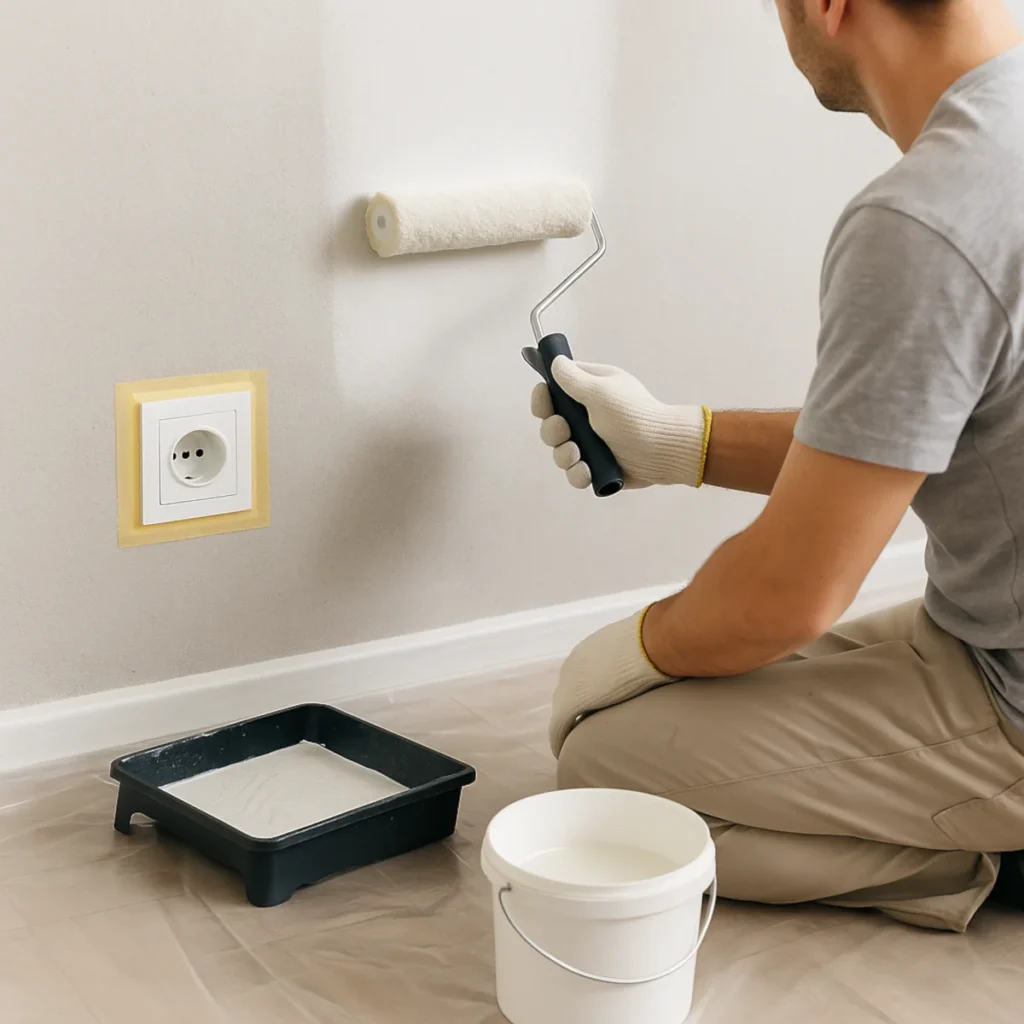 Gruntowanie przed malowaniem – wałek i gniazdo typu E zabezpieczone taśmą