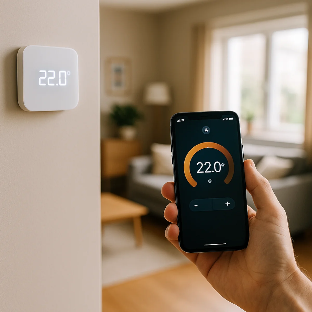 Inteligentne sterowanie ogrzewaniem w salonie domu jednorodzinnym za pomocą smartfona i nowoczesnego termostatu