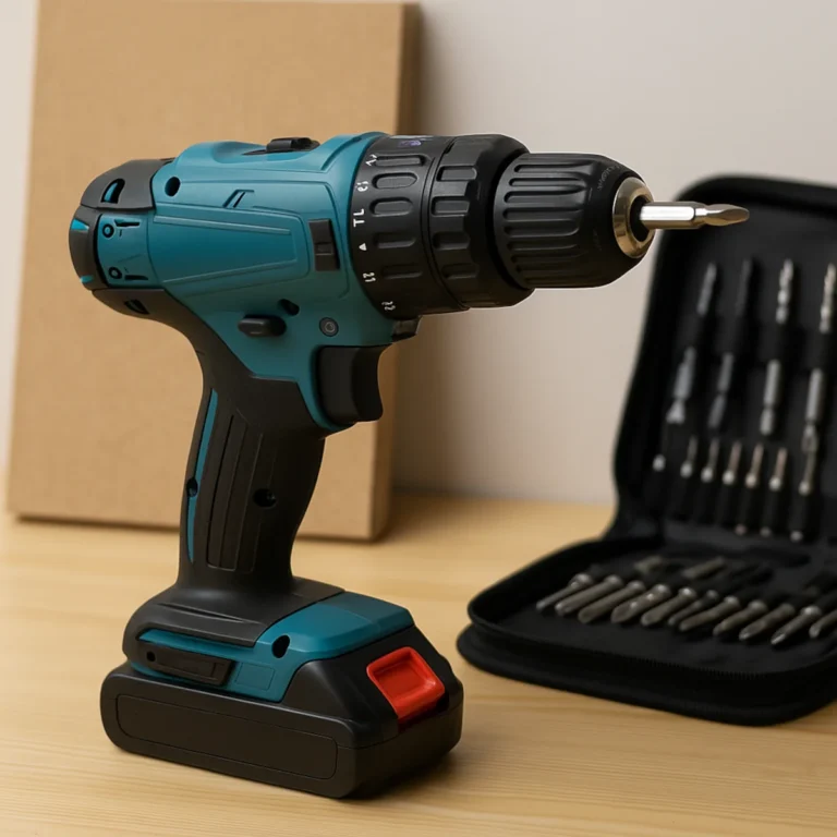 Wiertarko-wkrętarka akumulatorowa z zestawem bitów na stole w warsztacie domowym