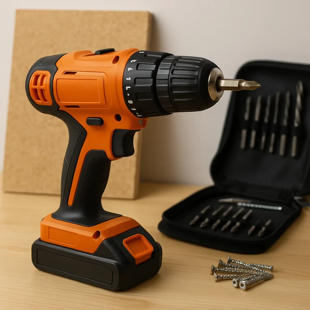 Pomarańczowa wiertarko-wkrętarka akumulatorowa z wkrętami i etui na bity
