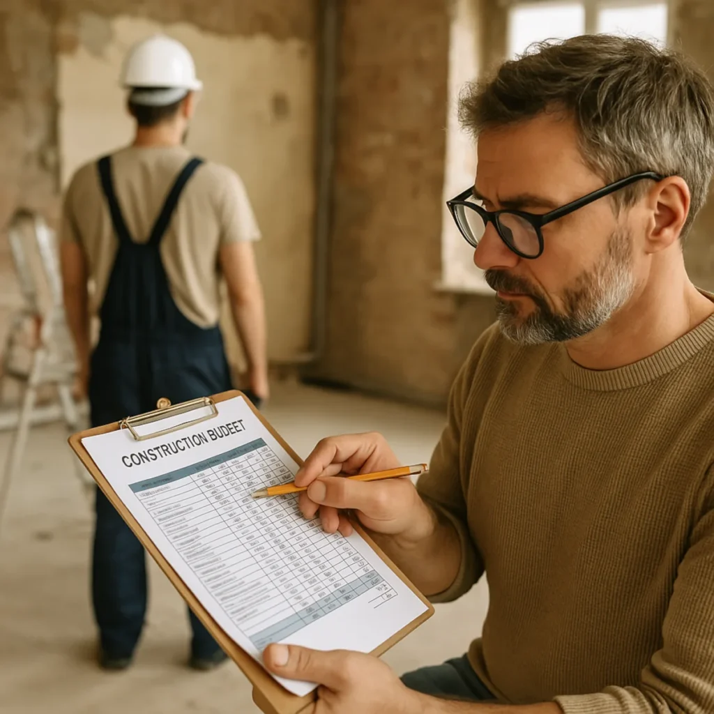 Mężczyzna kontrolujący koszty robocizny przy remoncie mieszkania na tle ekipy