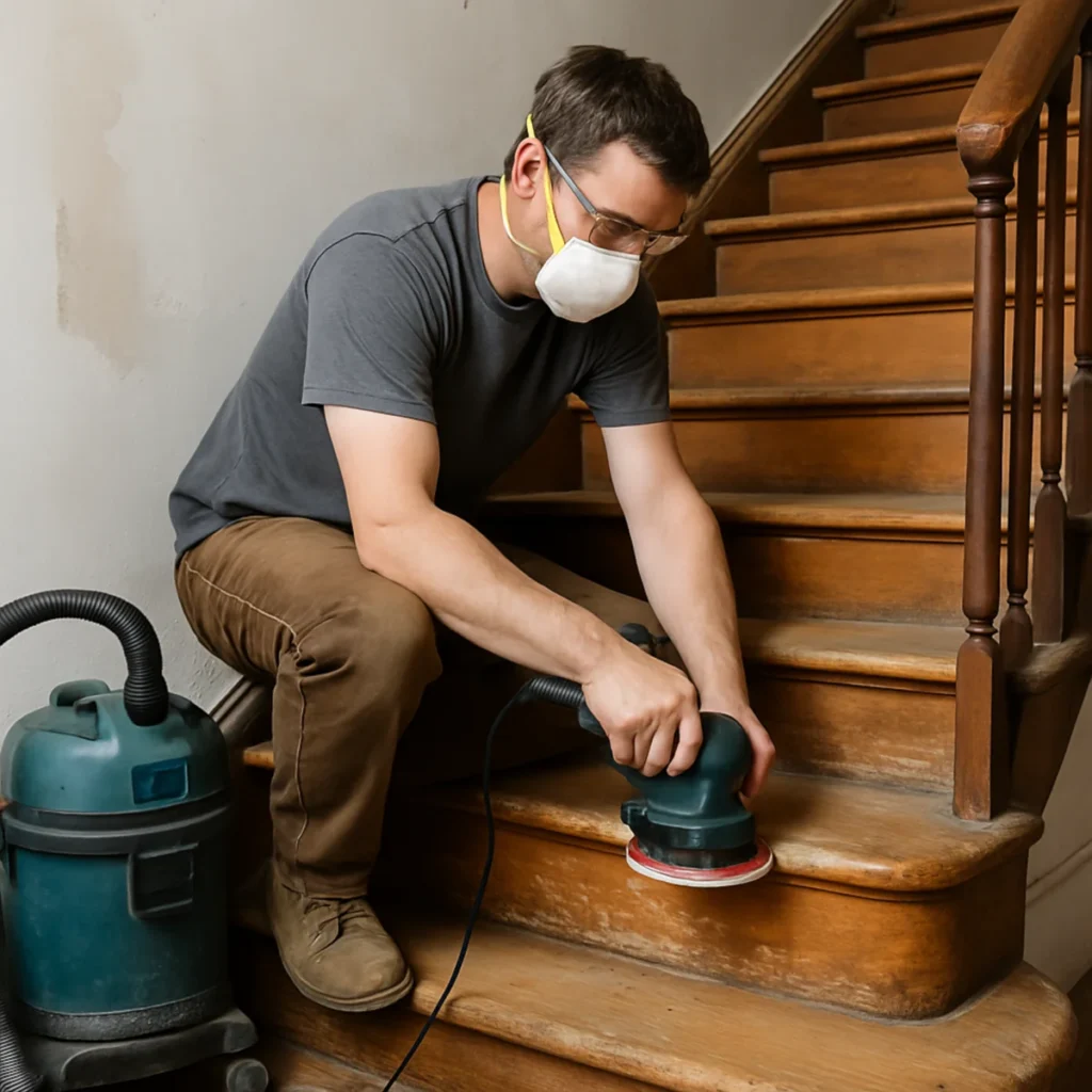 Jak odnowić stare schody drewniane – fachowiec szlifuje stopnie szlifierką