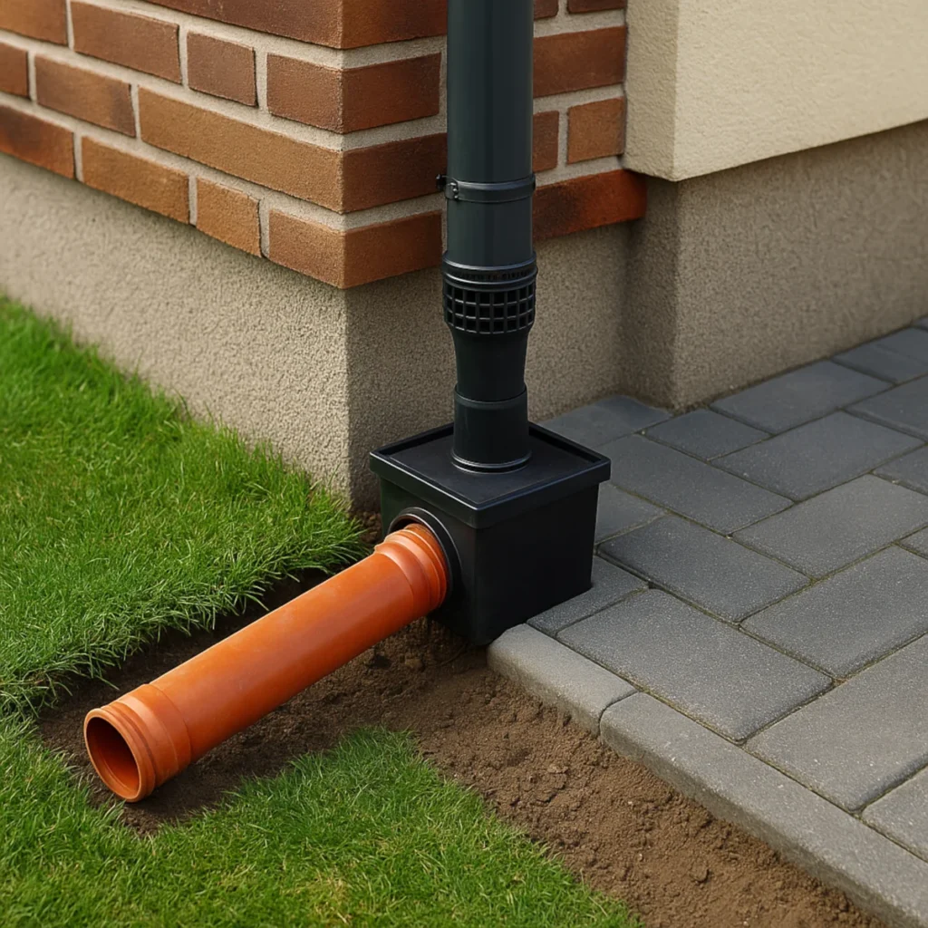 jak odprowadzić deszczówkę z rynny – osadnik rynnowy i rura Ø110 do kanalizacji deszczowej