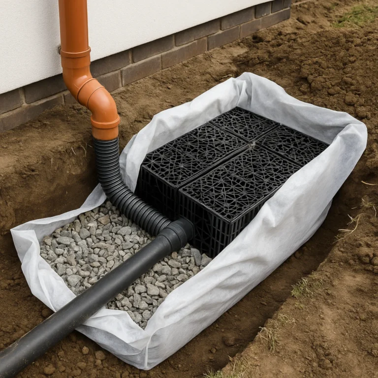 jak odprowadzić deszczówkę z rynny – skrzynki rozsączające w geowłókninie przy domu