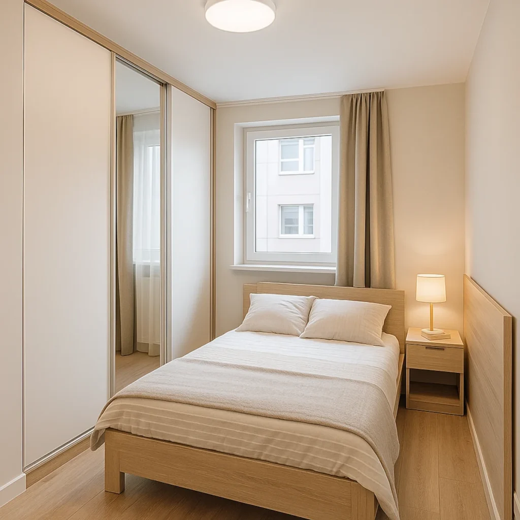 Jak urządzić małe mieszkanie – jasna mała sypialnia z szafą przesuwną