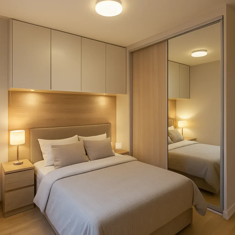 Jak urządzić małe mieszkanie – mała sypialnia z szafą z lustrem i zabudową nad łóżkiem