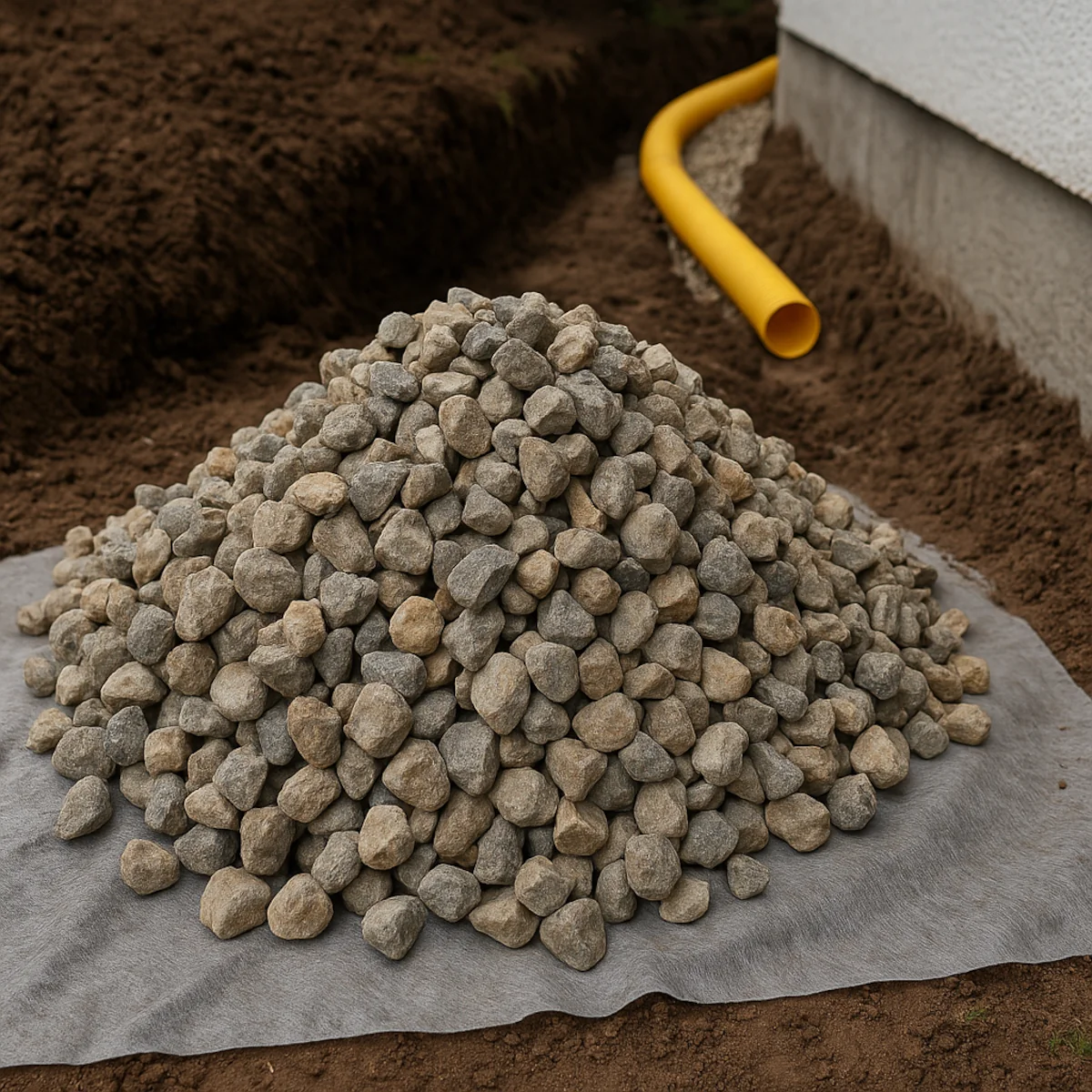 Kamień płukany do drenażu w pryzmie przy wykopie wokół domu