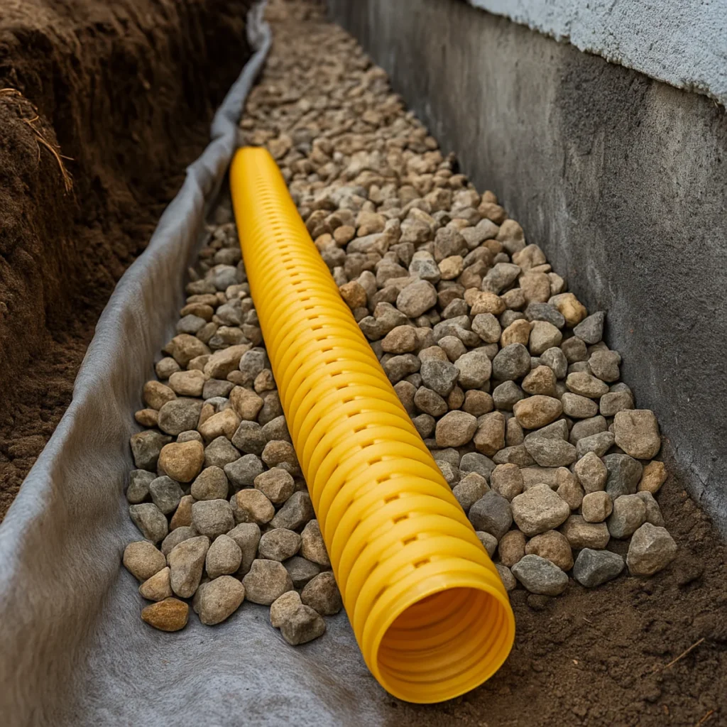 Kamień płukany do drenażu przy fundamencie z żółtą rurą drenarską