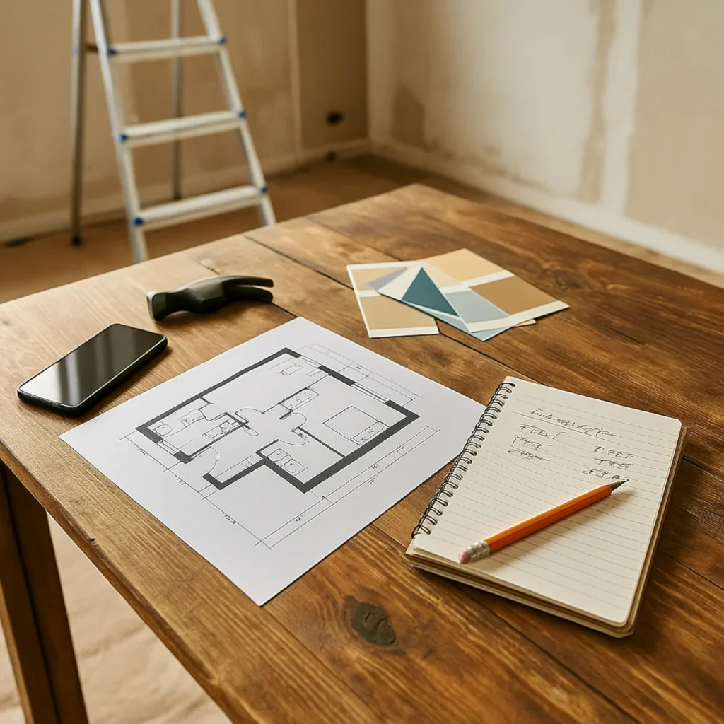 Planowanie kosztów remontu mieszkania przy stole z projektem