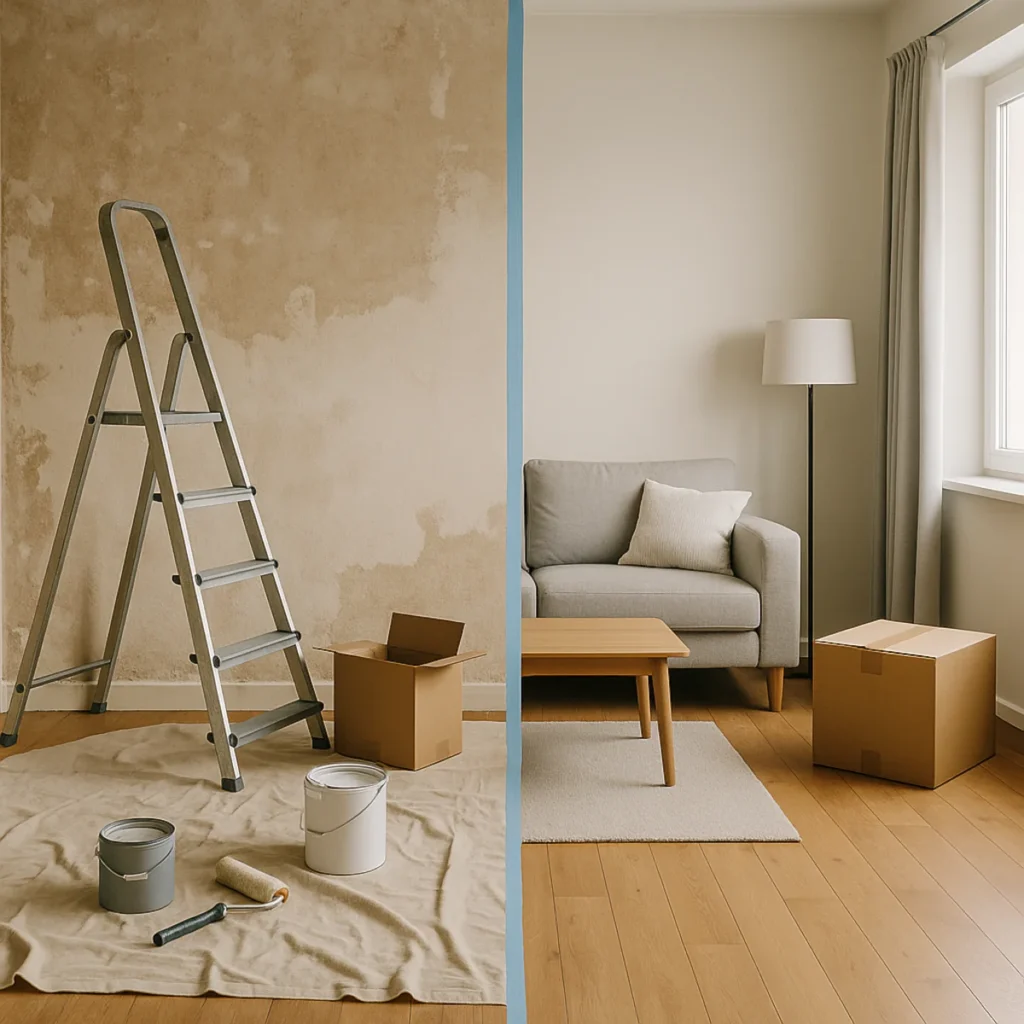 Pokój przed i po remoncie pokazujący różnicę w kosztach remontu mieszkania