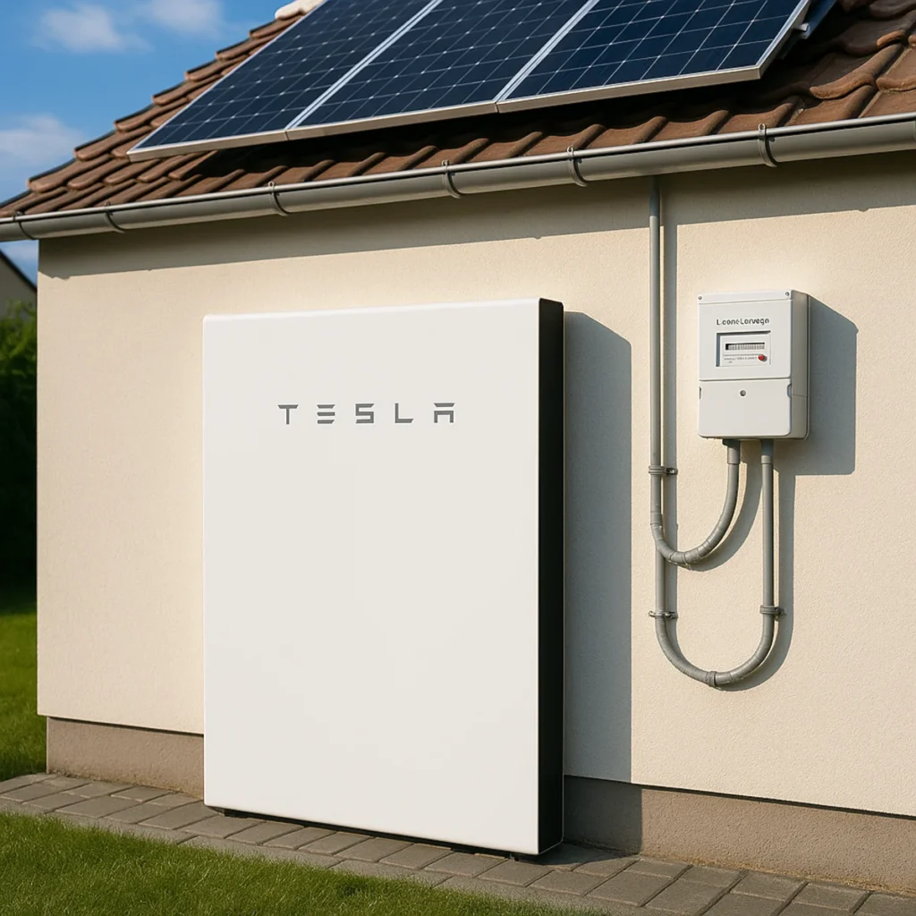 Przydomowy magazyn energii przy ścianie domu z panelami fotowoltaicznymi