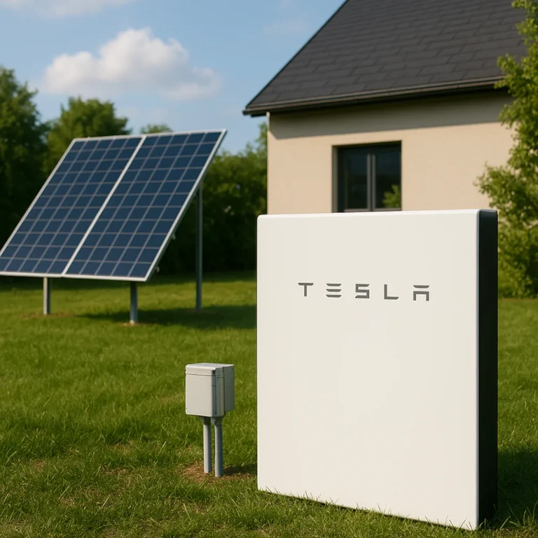 Wolnostojący magazyn energii w ogrodzie obok paneli fotowoltaicznych