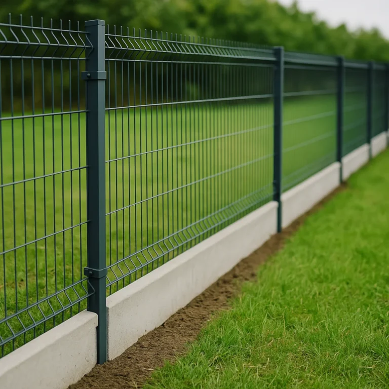 Ogrodzenie panelowe 3D na podmurówce prefabrykowanej – równa linia przęseł i słupków wzdłuż granicy działki.