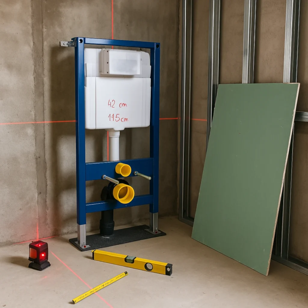 Montaż stelaża podtynkowego – ustawianie ramy laserem i poziomowanie