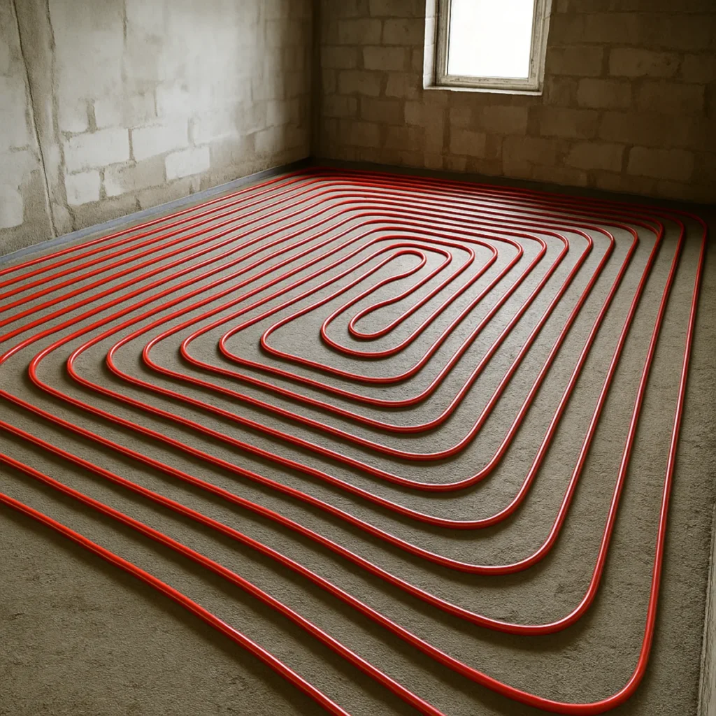 Rozłożona rura PEX do ogrzewania podłogowego elektrycznego w jednym pomieszczeniu