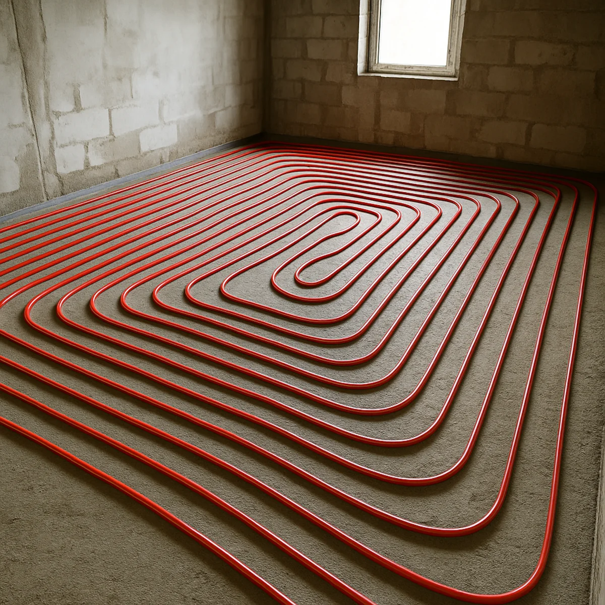 Rozłożona rura PEX do ogrzewania podłogowego elektrycznego w jednym pomieszczeniu