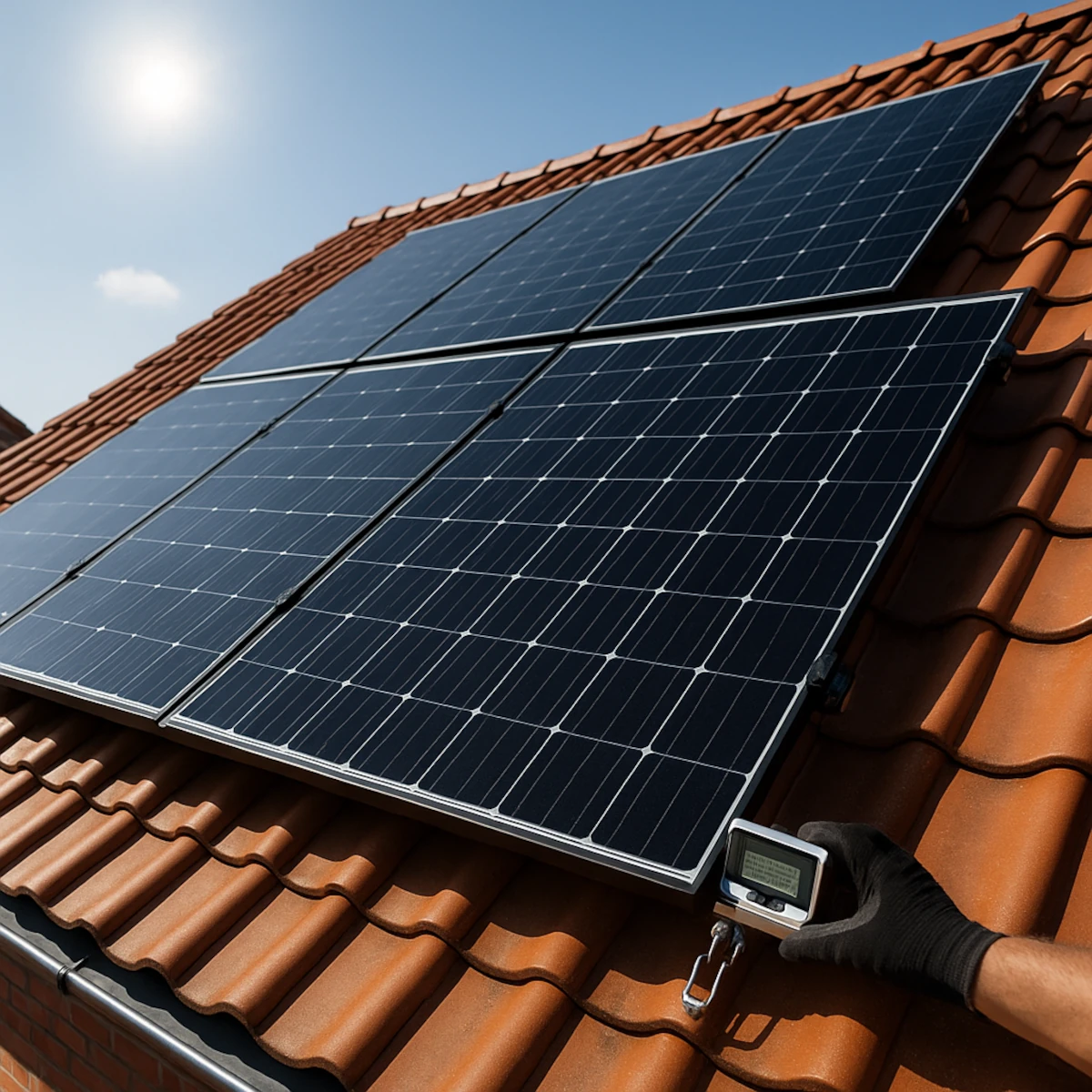 Panele fotowoltaiczne na dachu z czerwonej dachówki ustawione pod kątem ok. 35°, montaż na szynach, słoneczny dzień.