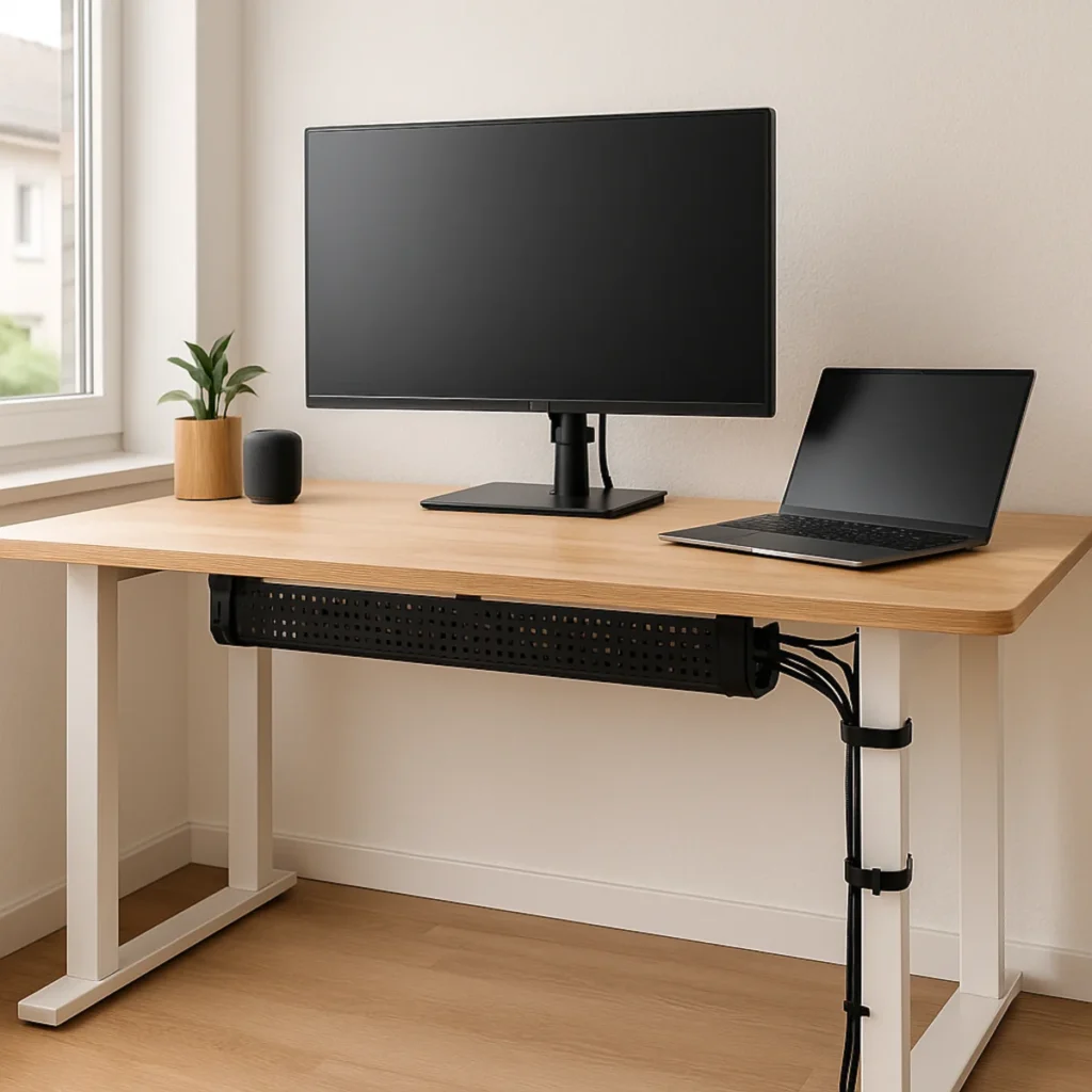 Organizacja kabli w home office przy minimalistycznym biurku