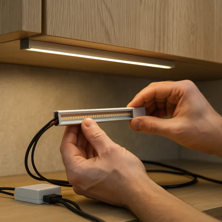 Oświetlenie podszafkowe do kuchni w profilu aluminiowym z mlecznym dyfuzorem; równomierna linia LED 3500–4000 K nad blatem, zlew i bateria ze stali.