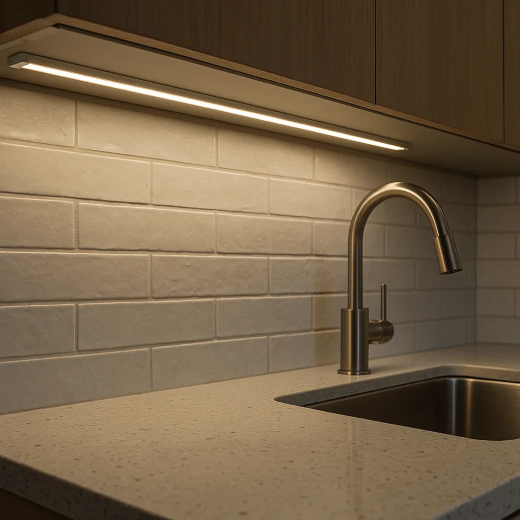 Montaż oświetlenia podszafkowego do kuchni; ręce instalują profil z taśmą COB LED, widoczny zasilacz 24 V i schludnie poprowadzone przewody.