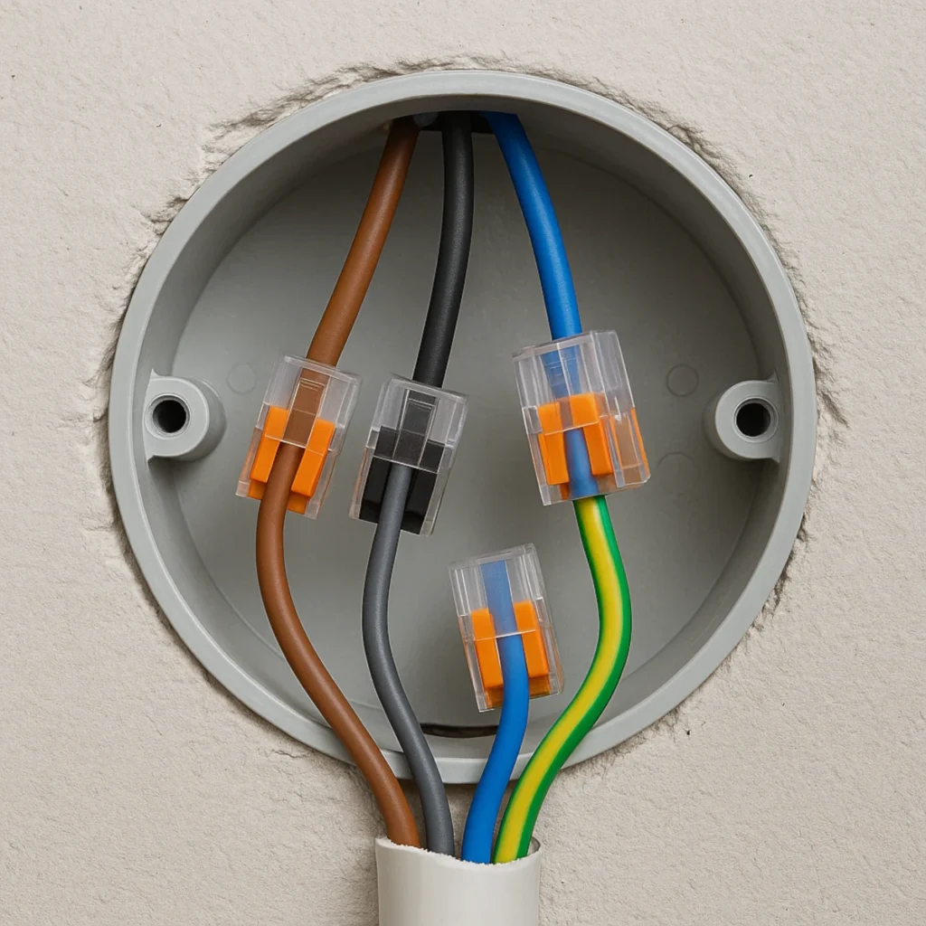 oznaczenie kabli kolory w puszce instalacyjnej – brązowy, czarny, szary, niebieski i zielono-żółty PN/IEC