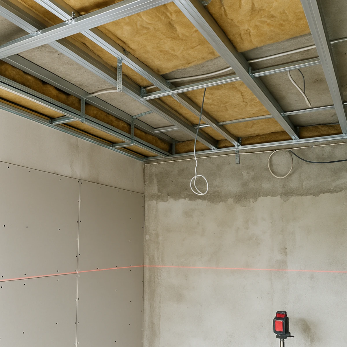 Podwieszany sufit w trakcie montażu – profile CD/UD, wełna, laser krzyżowy