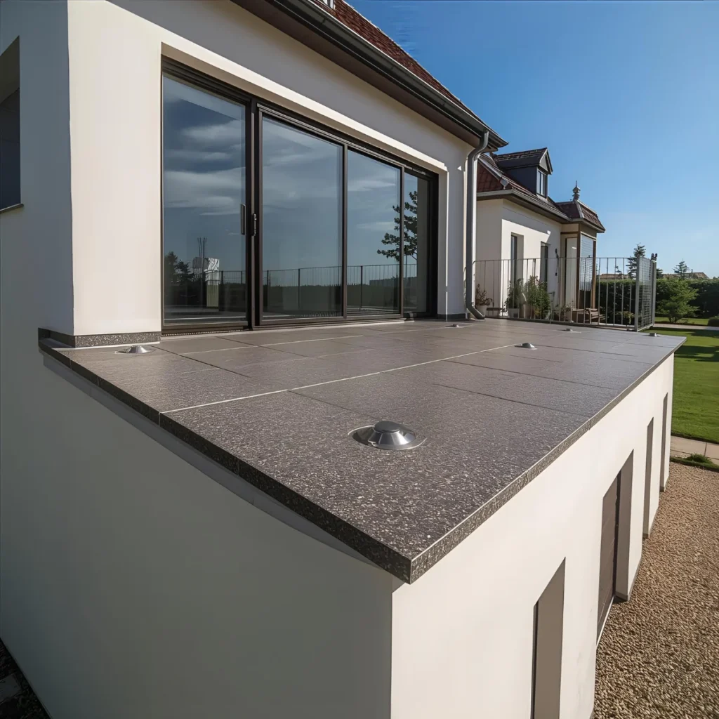 Taras nad garażem warstwy pod płytkami ceramicznymi przy nowoczesnym domu jednorodzinnym