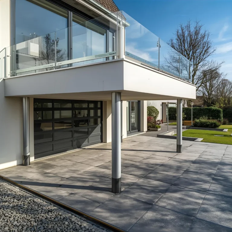 Nowoczesny taras nad garażem warstwy na konstrukcji wsporczej z przeszkloną balustradą