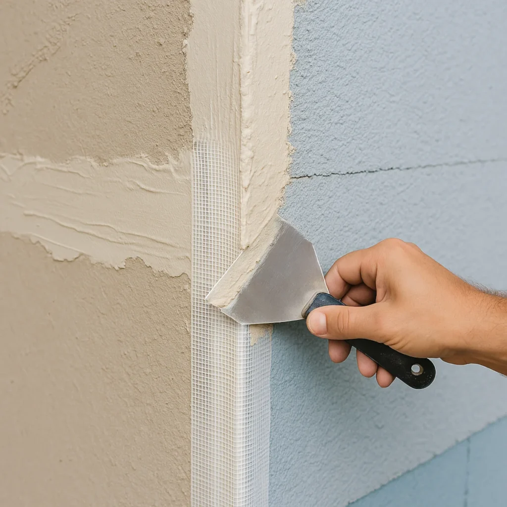 Nakładanie zaprawy na taśmę zbrojącą do narożników na ocieplonej elewacji