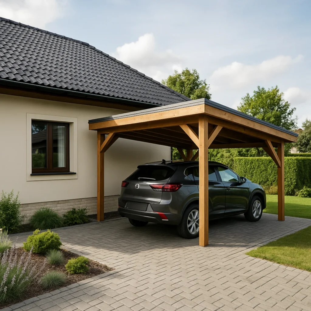 Wiata garażowa przy domu z drewnianą konstrukcją i zaparkowanym samochodem na brukowanym podjeździe