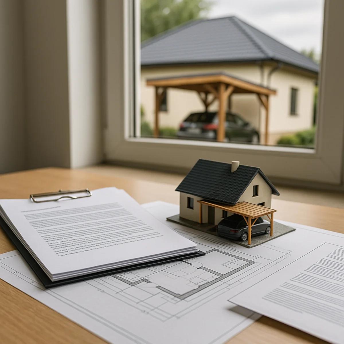 Makieta domu z wiatą garażową przy domu stojąca na projekcie budowlanym i dokumentach