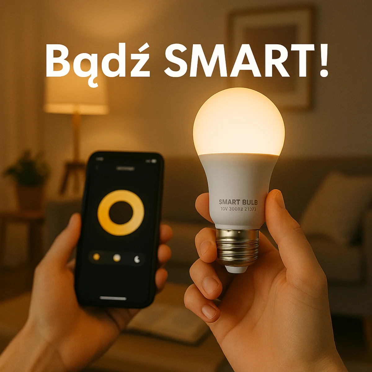 Osoba trzyma żarówkę smart i telefon z aplikacją sterującą oświetleniem w salonie