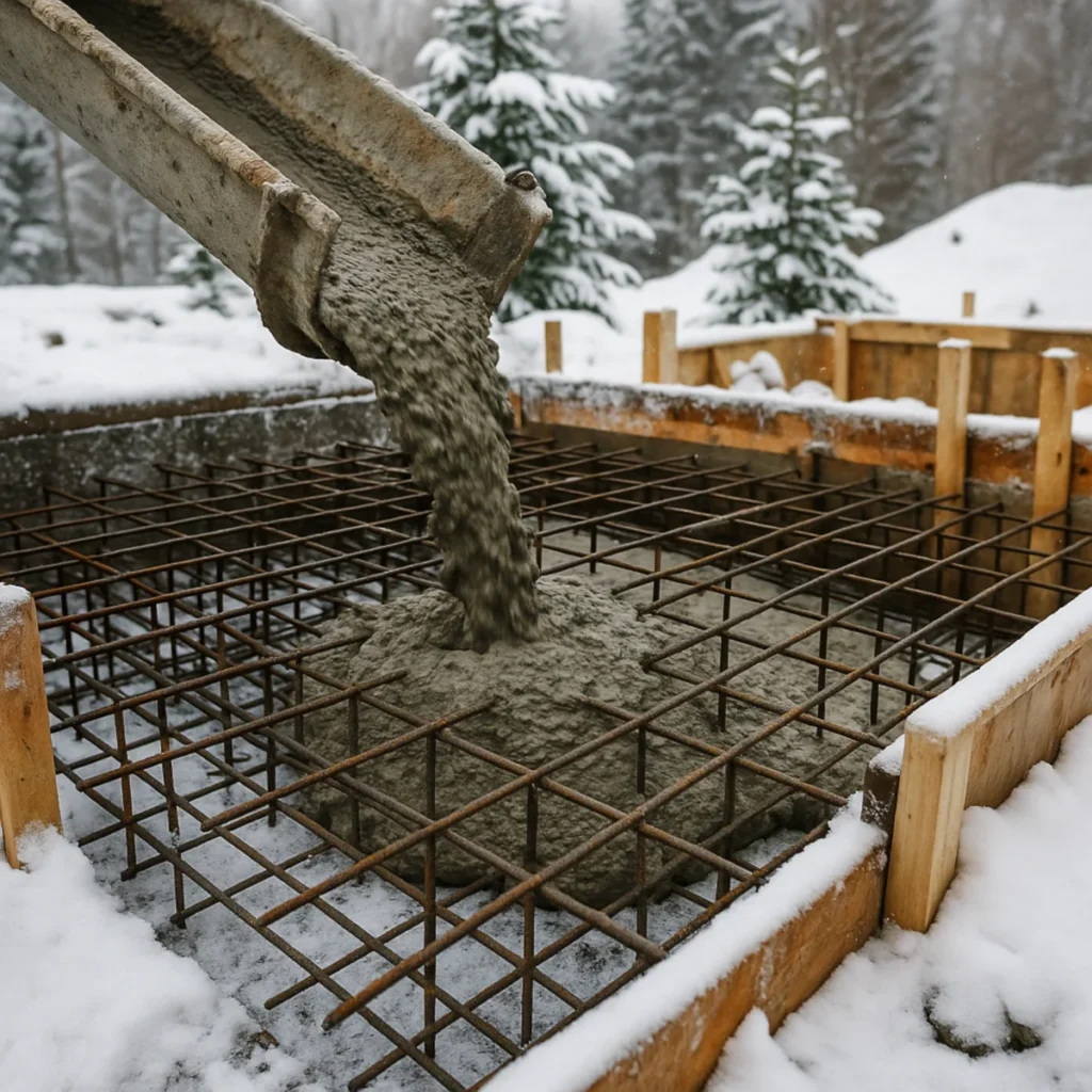 Betonowanie zimą – świeży beton wylewany na zbrojenie fundamentu w śnieżnej scenerii z drzewami w tle