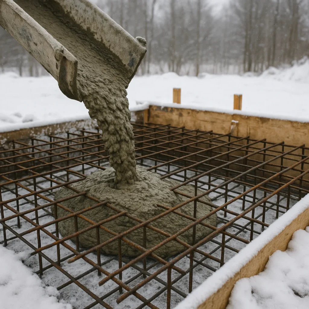Betonowanie zimą – wylewanie betonu na zbrojenie fundamentu na zaśnieżonym placu budowy