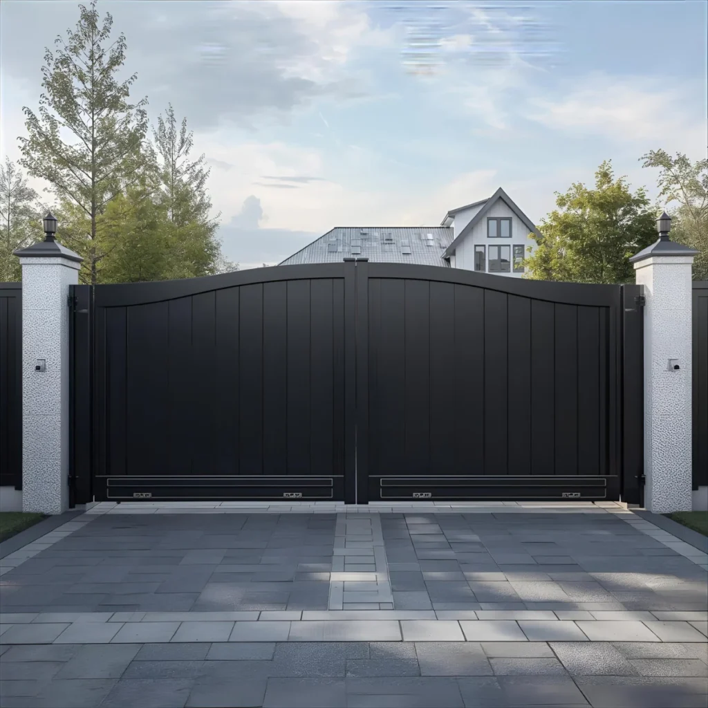 Brama dwuskrzydłowa z napędem, czarna brama panelowa z łukiem na wjeździe między słupkami