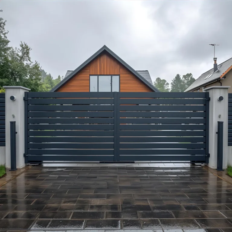 Brama dwuskrzydłowa z napędem, nowoczesna lamelowa brama wjazdowa na mokrej kostce po deszczu