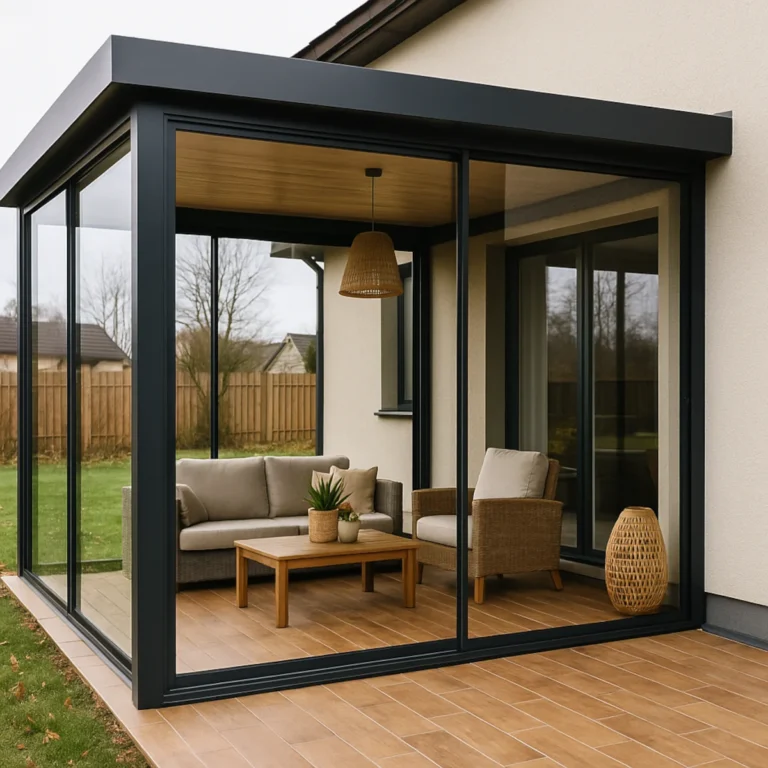 Całoroczny taras przy domu jednorodzinnym z zabudową szklaną i wygodnymi meblami ogrodowymi