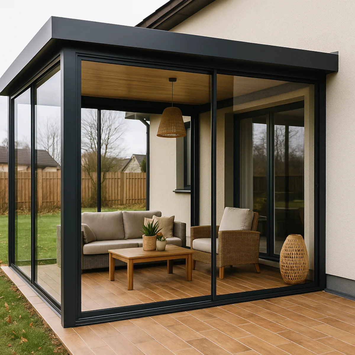 Całoroczny taras przy domu jednorodzinnym z zabudową szklaną i wygodnymi meblami ogrodowymi