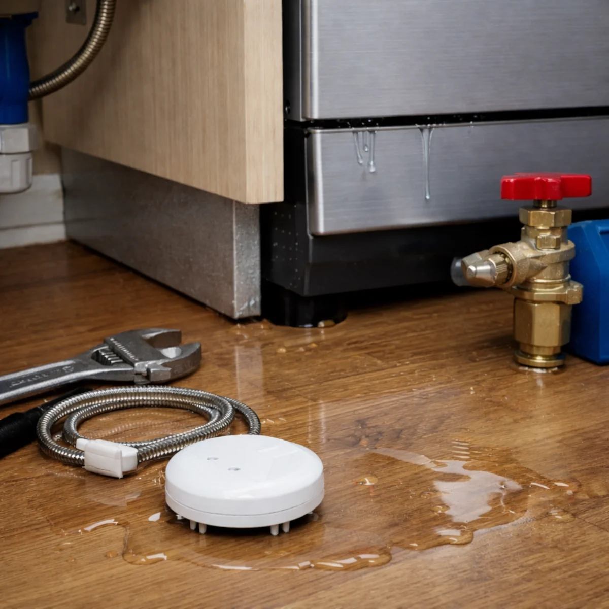 Czujnik zalania i wycieków na mokrej podłodze przy zmywarce w kuchni