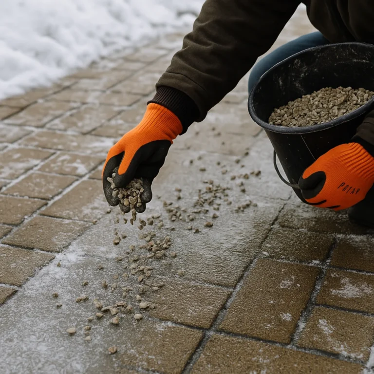 Posypywanie oblodzonego podjazdu z kostki brukowej grysem zamiast solą zimą