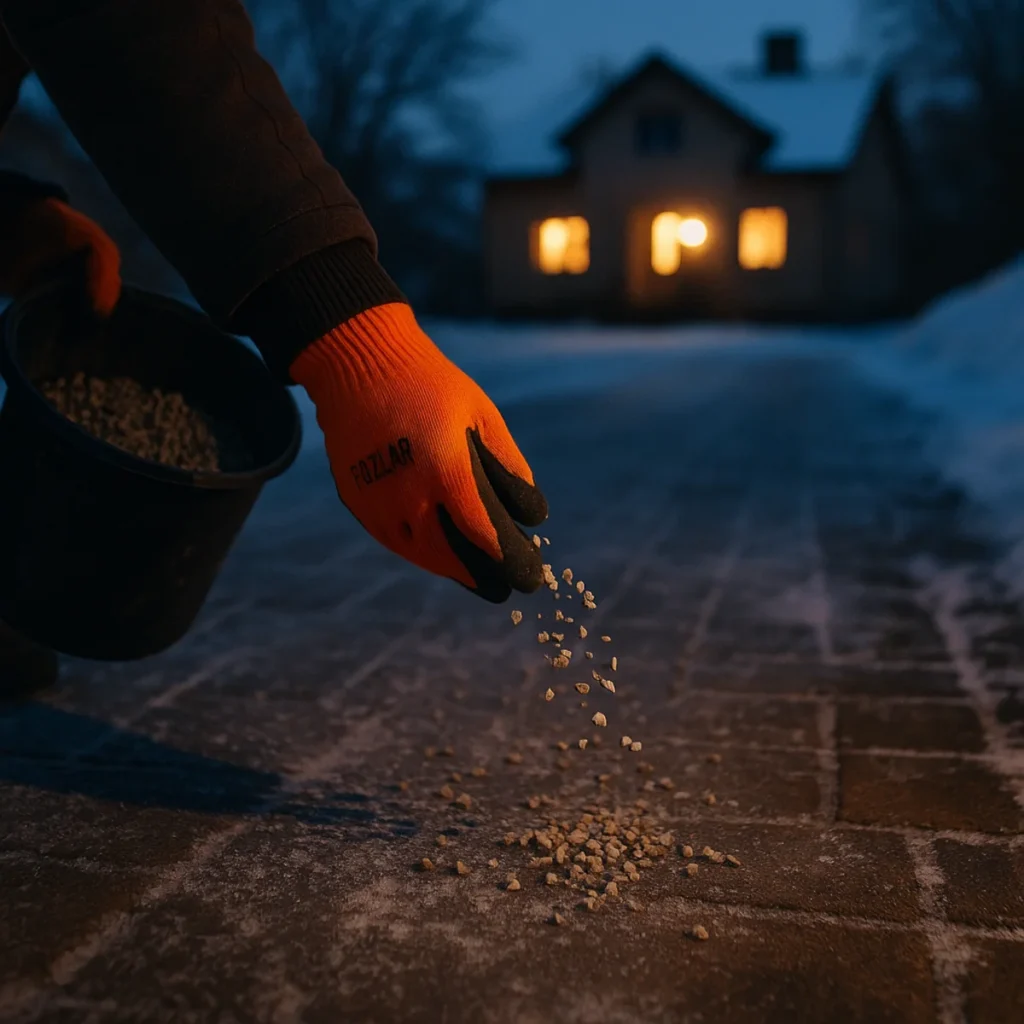 Posypywanie zamarzniętego podjazdu przed domem grysem w mroźny zimowy wieczór